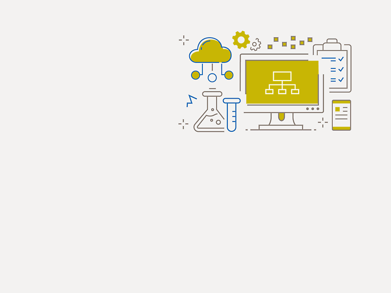 Illustration mit Checklist, Reagenzglas, Computer und Zahnrädern