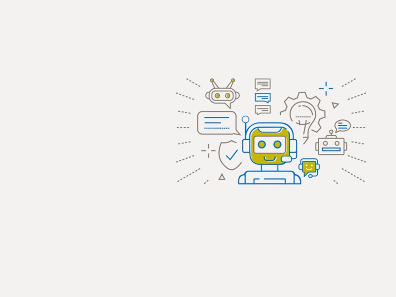 Illustration mit Hello-Schriftzug und Chatbot-Roboter